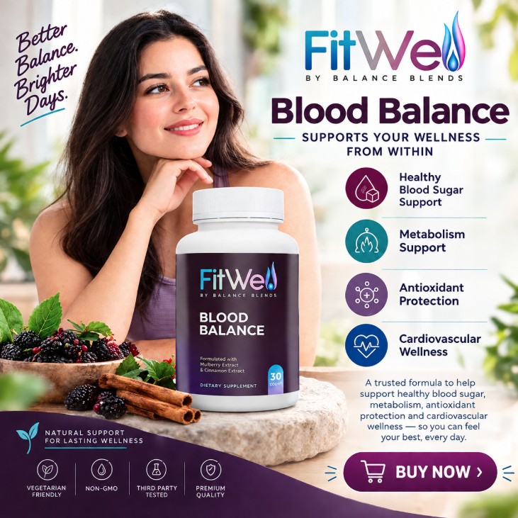 FitWell Blood Balance bottle with key product benefits